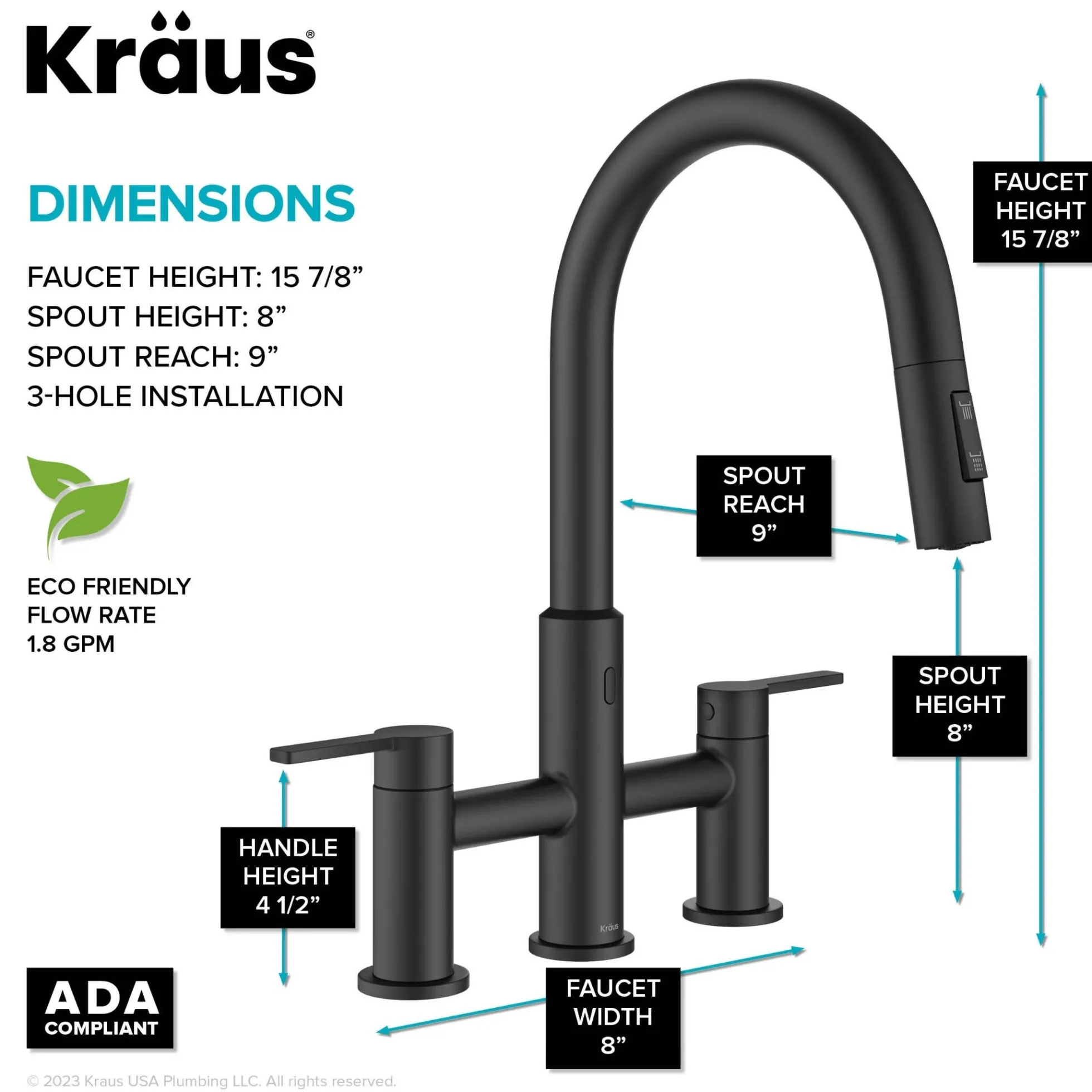 Touchless Sensor Bridge Kitchen Faucet with Pull-Down Sprayhead in Matte Black