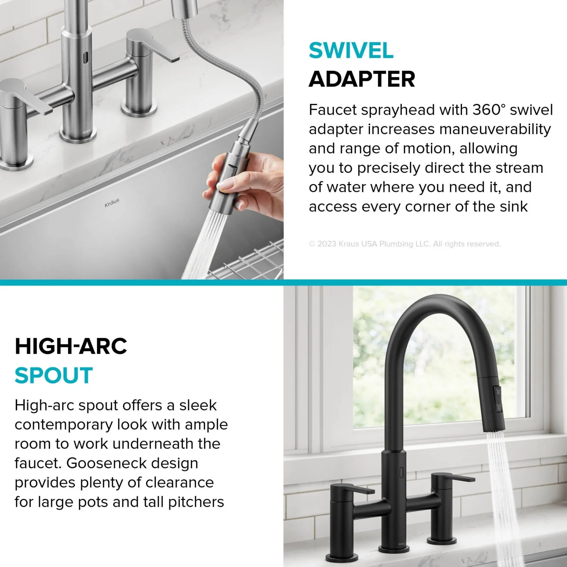 Touchless Sensor Bridge Kitchen Faucet with Pull-Down Sprayhead in Matte Black