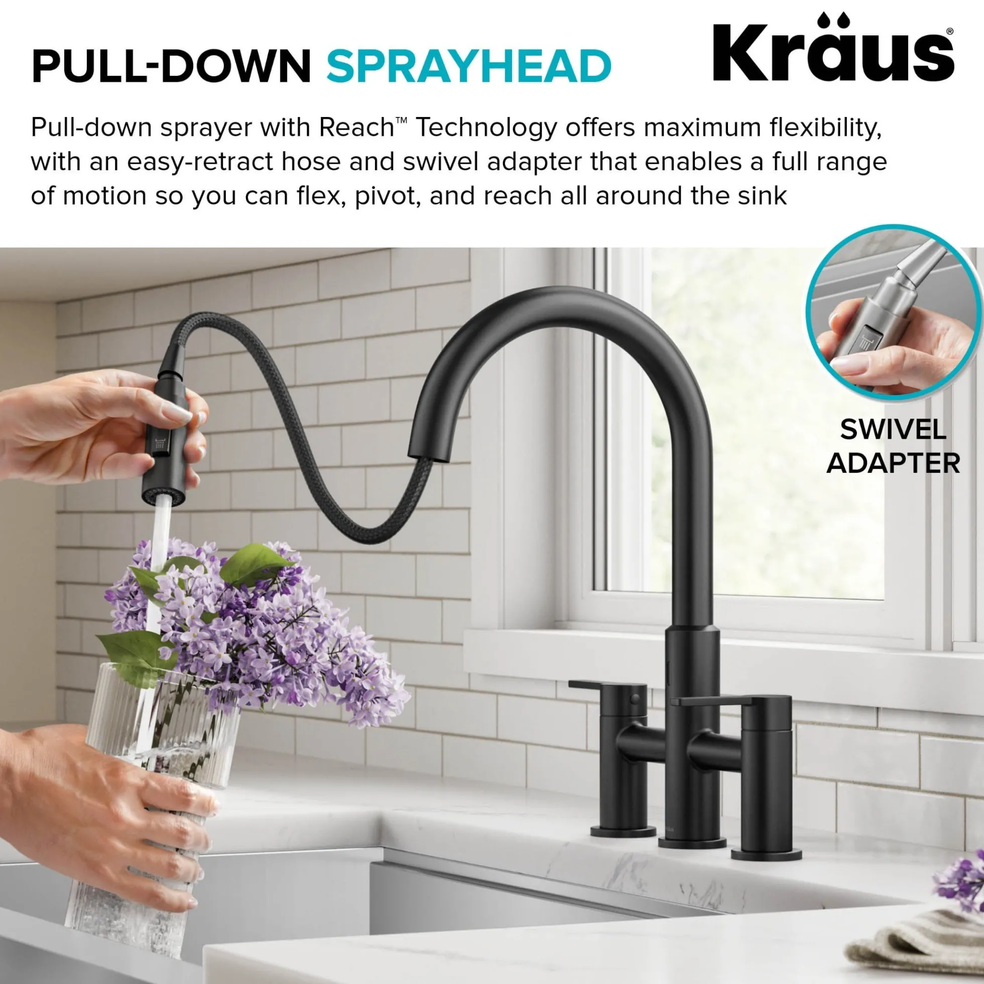 Touchless Sensor Bridge Kitchen Faucet with Pull-Down Sprayhead in Matte Black