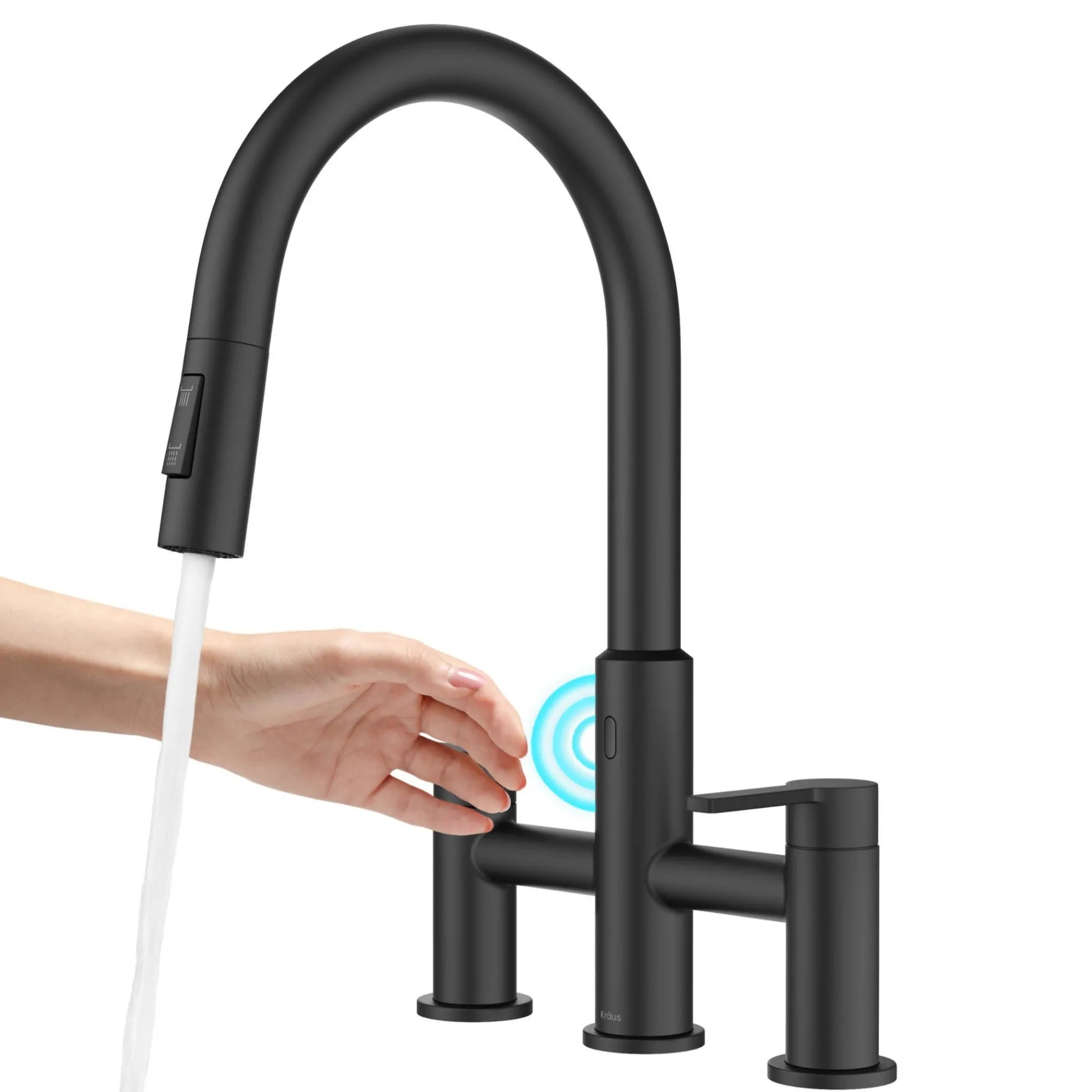 Touchless Sensor Bridge Kitchen Faucet with Pull-Down Sprayhead in Matte Black