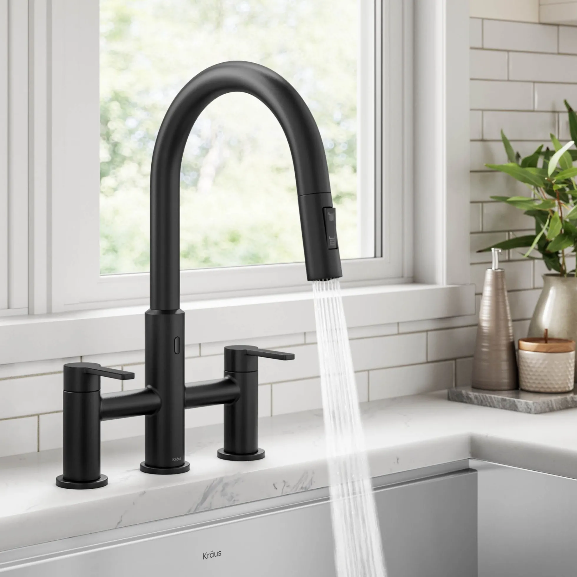 Touchless Sensor Bridge Kitchen Faucet with Pull-Down Sprayhead in Matte Black