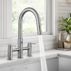 Touchless Sensor Bridge Kitchen Faucet with Pull-Down Sprayhead in Spot-Free Stainless Steel