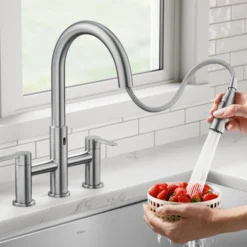 Touchless Sensor Bridge Kitchen Faucet with Pull-Down Sprayhead in Spot-Free Stainless Steel