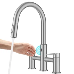 Touchless Sensor Bridge Kitchen Faucet with Pull-Down Sprayhead in Spot-Free Stainless Steel