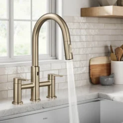 Touchless Sensor Bridge Kitchen Faucet with Pull-Down Sprayhead in Spot-Free Antique Champagne Bronze