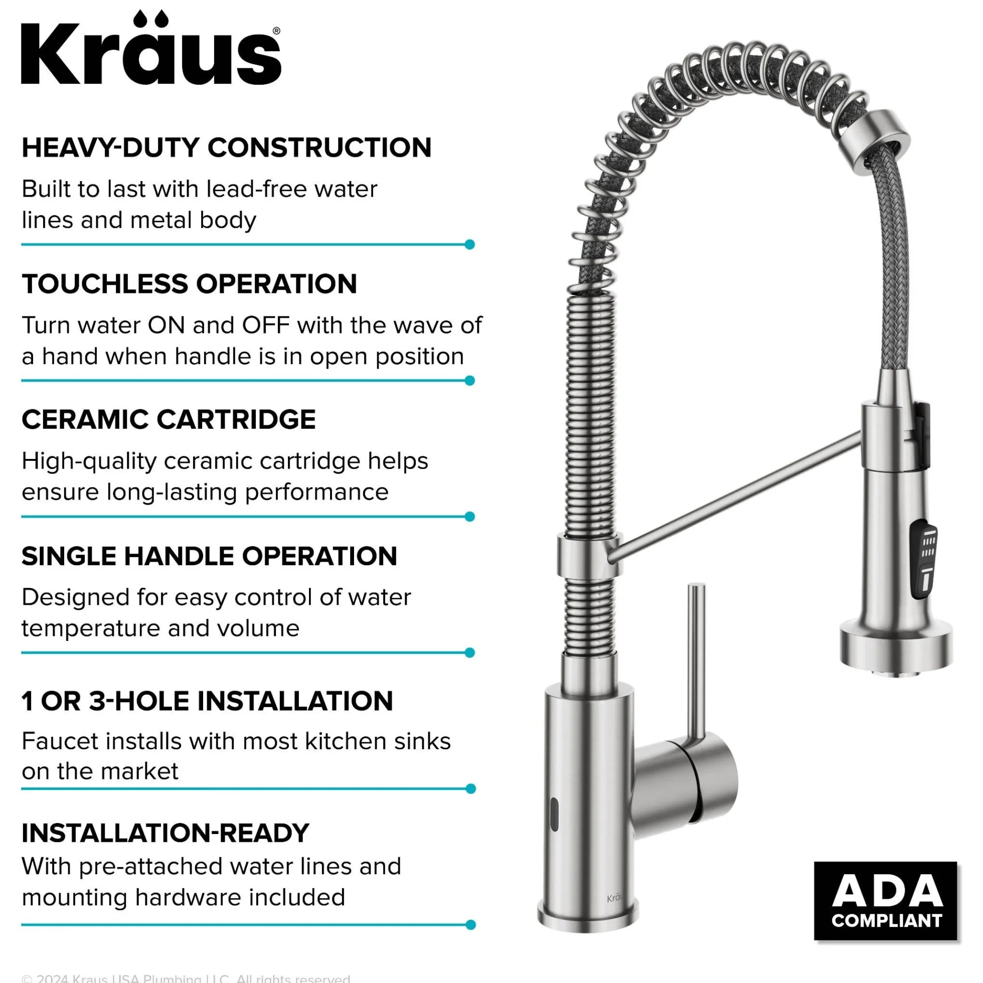 Touchless Sensor Commercial Style 2-Function Single Handle Pull-Down Kitchen Faucet in Spot-Free Stainless Steel