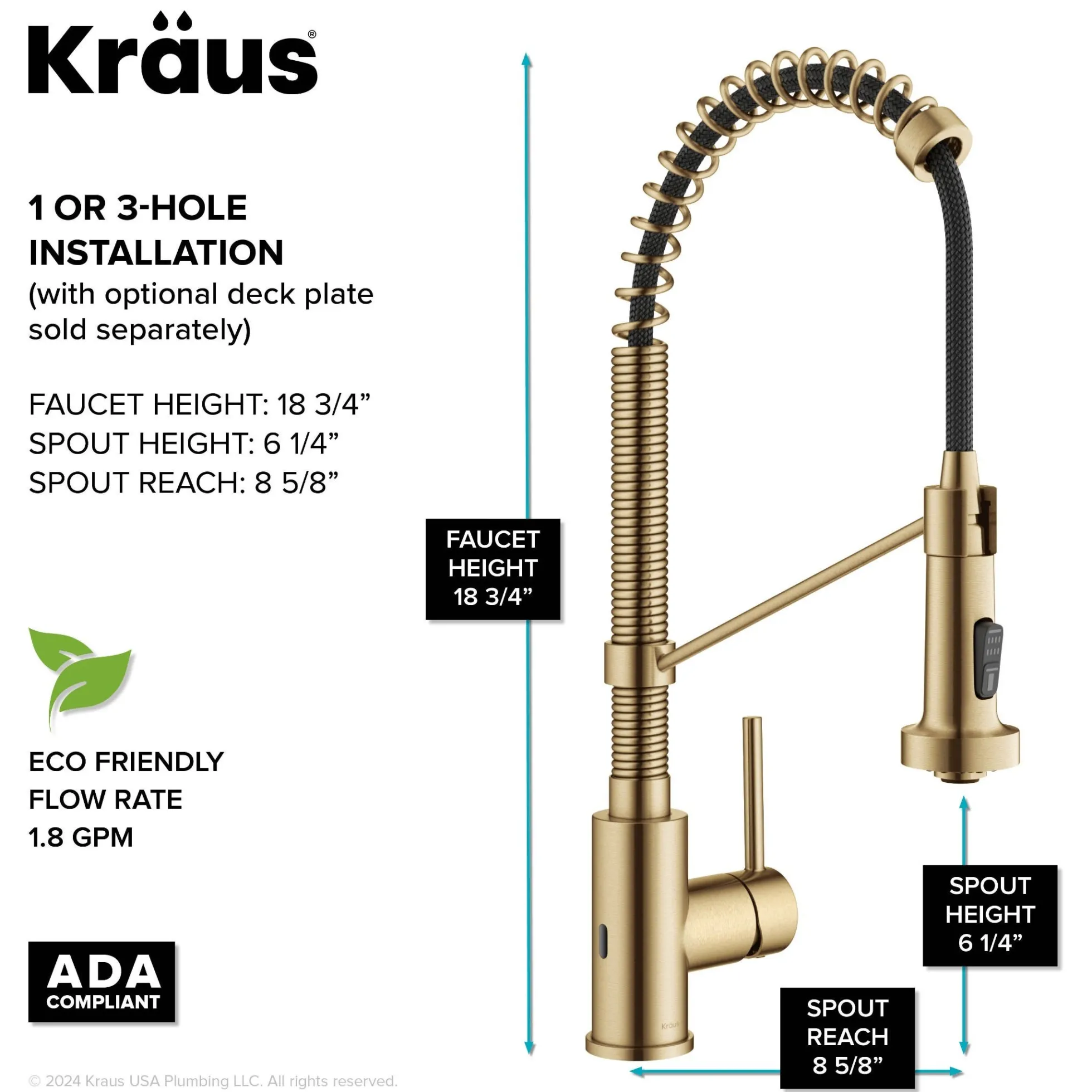 Touchless Sensor Commercial Style 2-Function Single Handle Pull-Down Kitchen Faucet in Spot-Free Brushed Brass