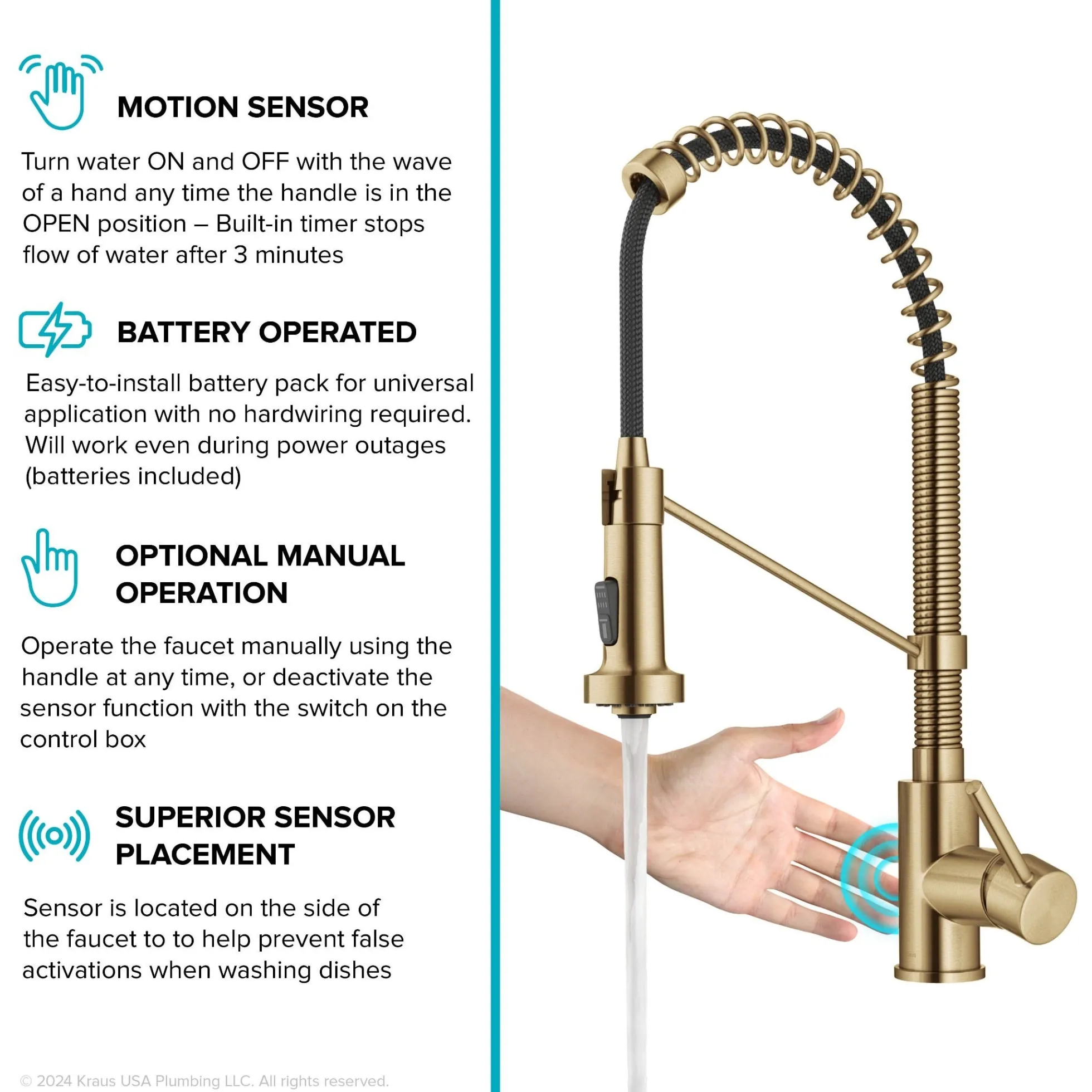 Touchless Sensor Commercial Style 2-Function Single Handle Pull-Down Kitchen Faucet in Spot-Free Brushed Brass