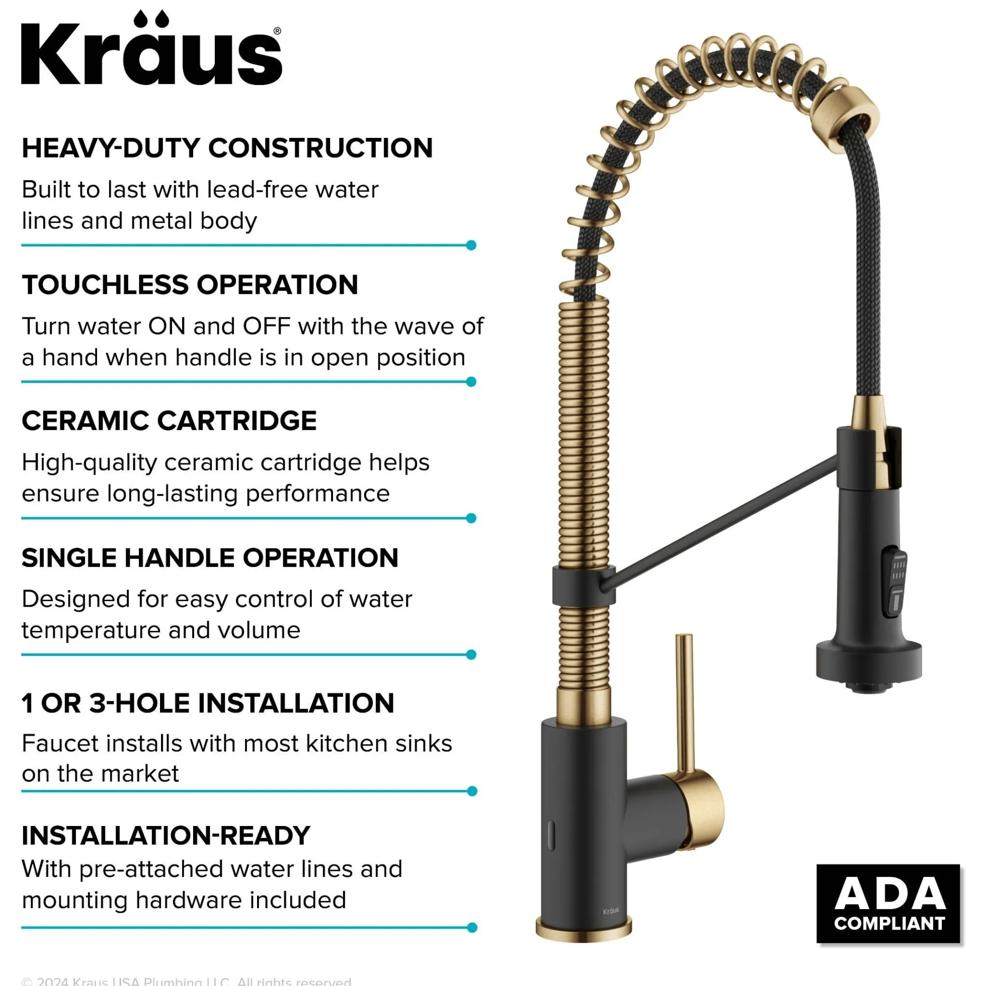 Touchless Sensor Commercial Style 2-Function Single Handle Pull-Down Kitchen Faucet in Brushed Brass / Matte Black