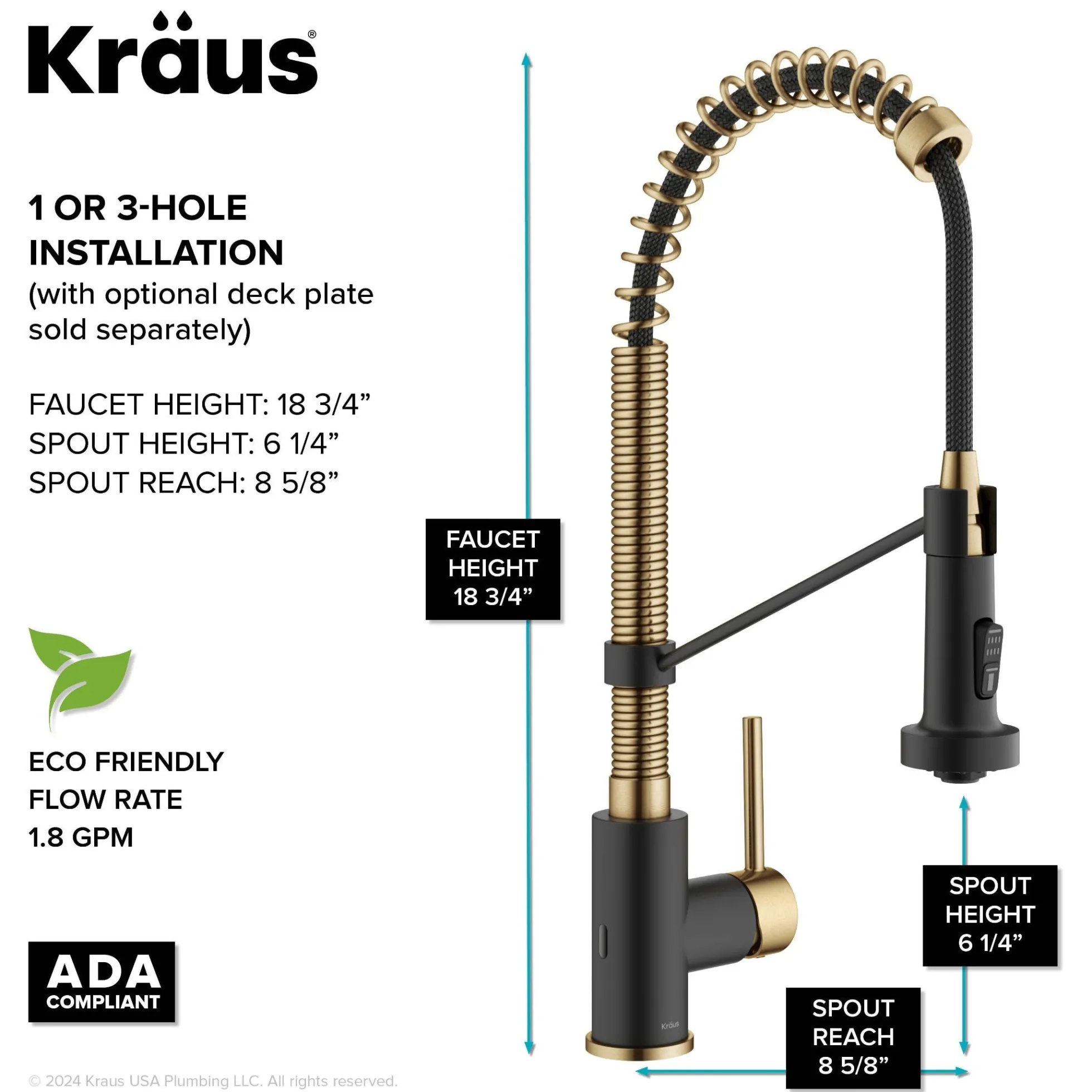 Touchless Sensor Commercial Style 2-Function Single Handle Pull-Down Kitchen Faucet in Brushed Brass / Matte Black