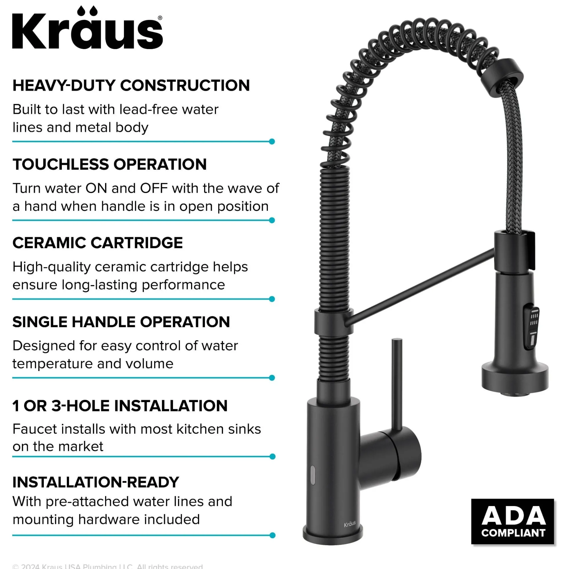 Touchless Sensor Commercial Style 2-Function Single Handle Pull-Down Kitchen Faucet in Matte Black