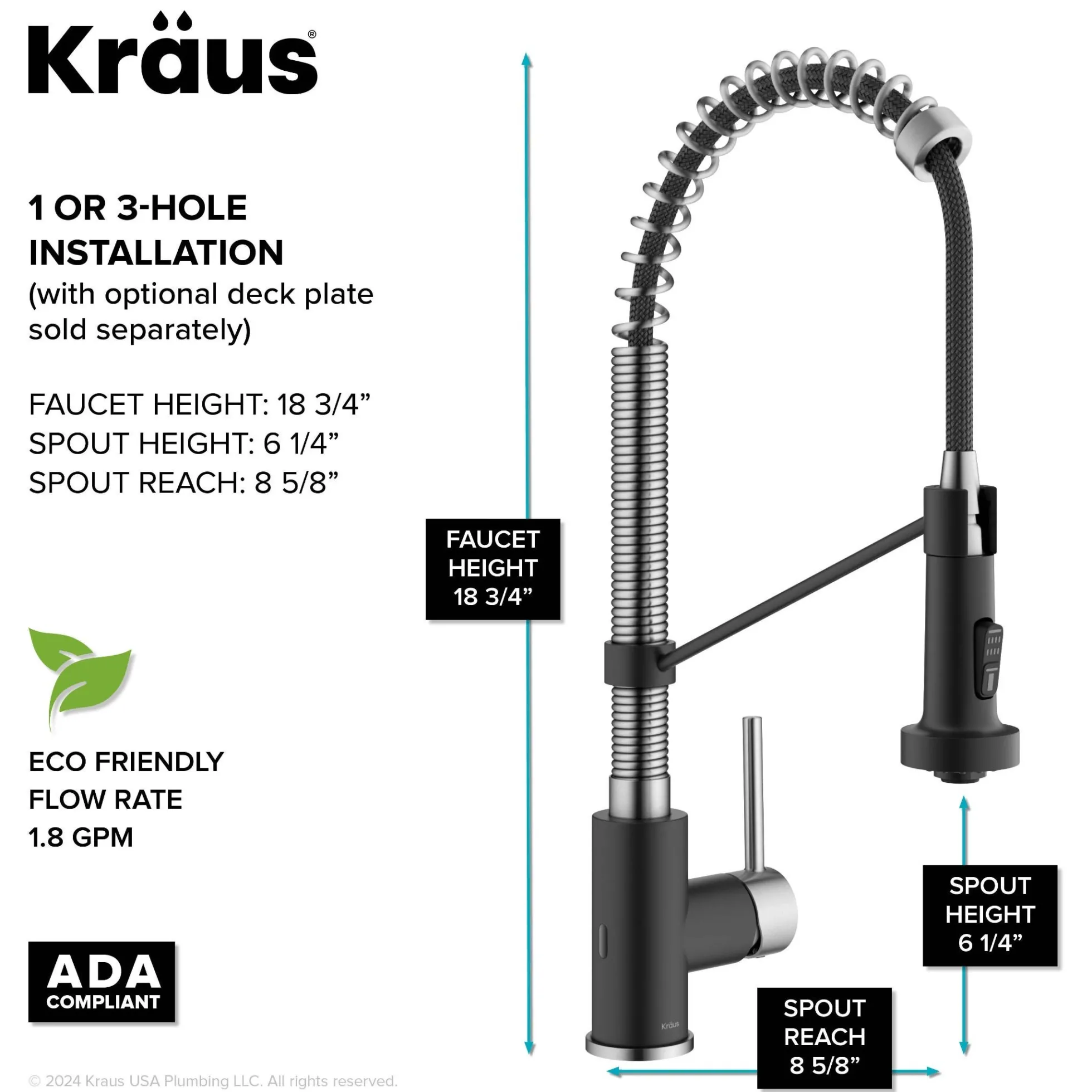 Touchless Sensor Commercial Style 2-Function Single Handle Pull-Down Kitchen Faucet in Spot-Free Stainless Steel / Matte Black