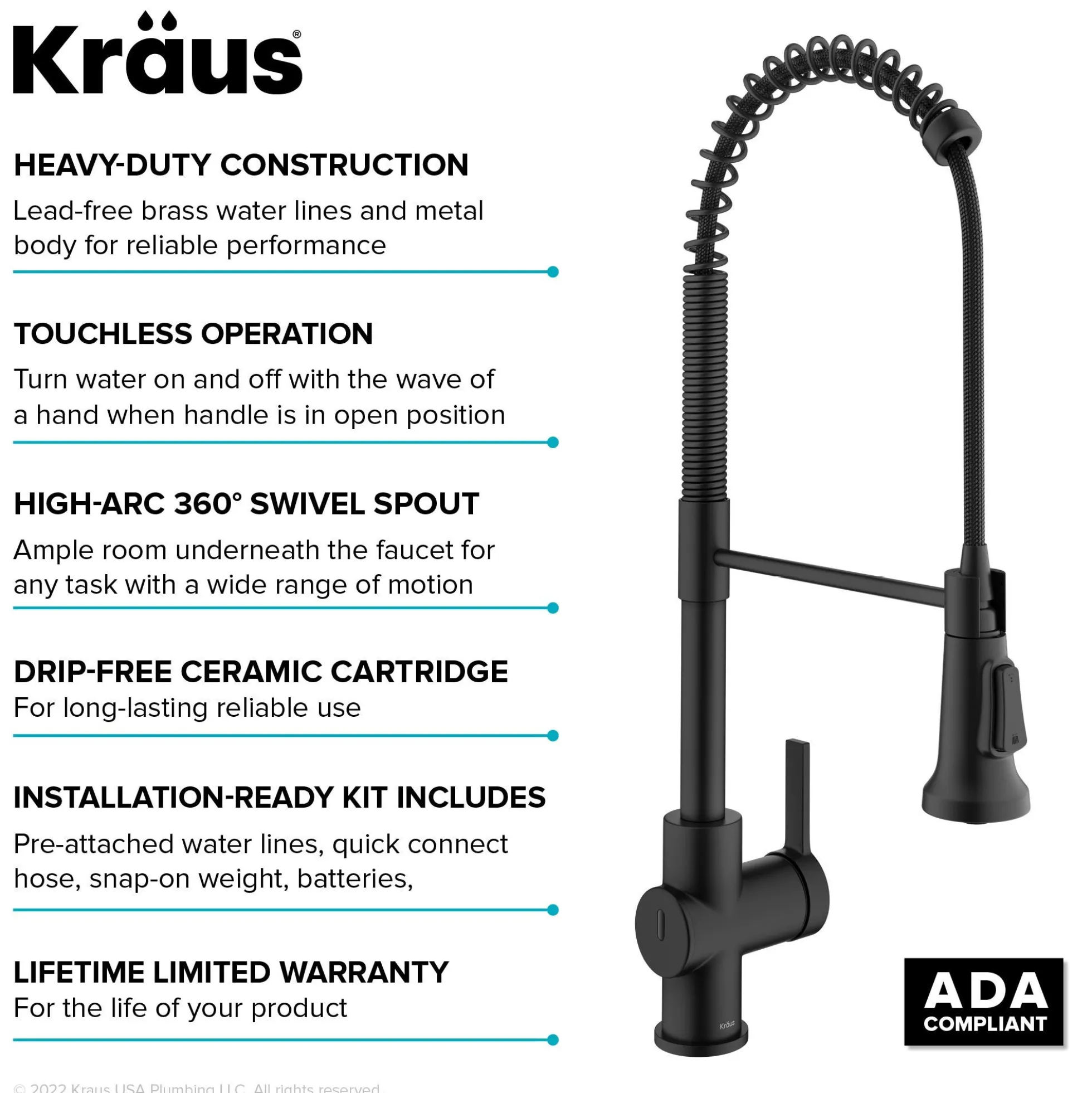 Touchless Sensor Commercial Single Handle Pull Down Kitchen Faucet in Matte Black