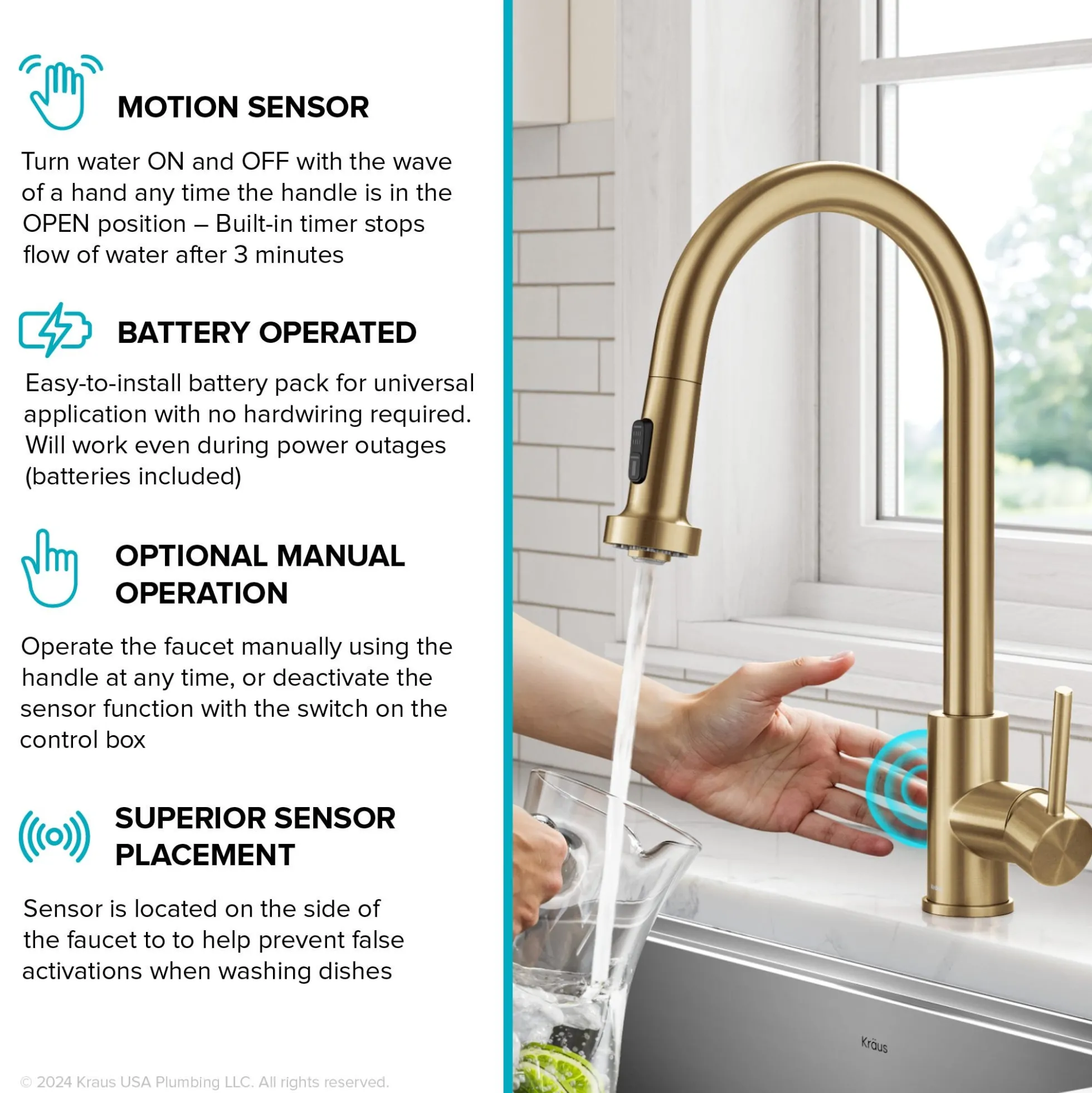 Touchless Sensor 2-Function Single Handle Pull Down Kitchen Faucet in Spot-Free Brushed Brass