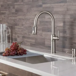 Traditional Single Handle Pull-Down Kitchen Faucet with Soap Dispenser and Deck Plate in Spot Free Stainless Steel
