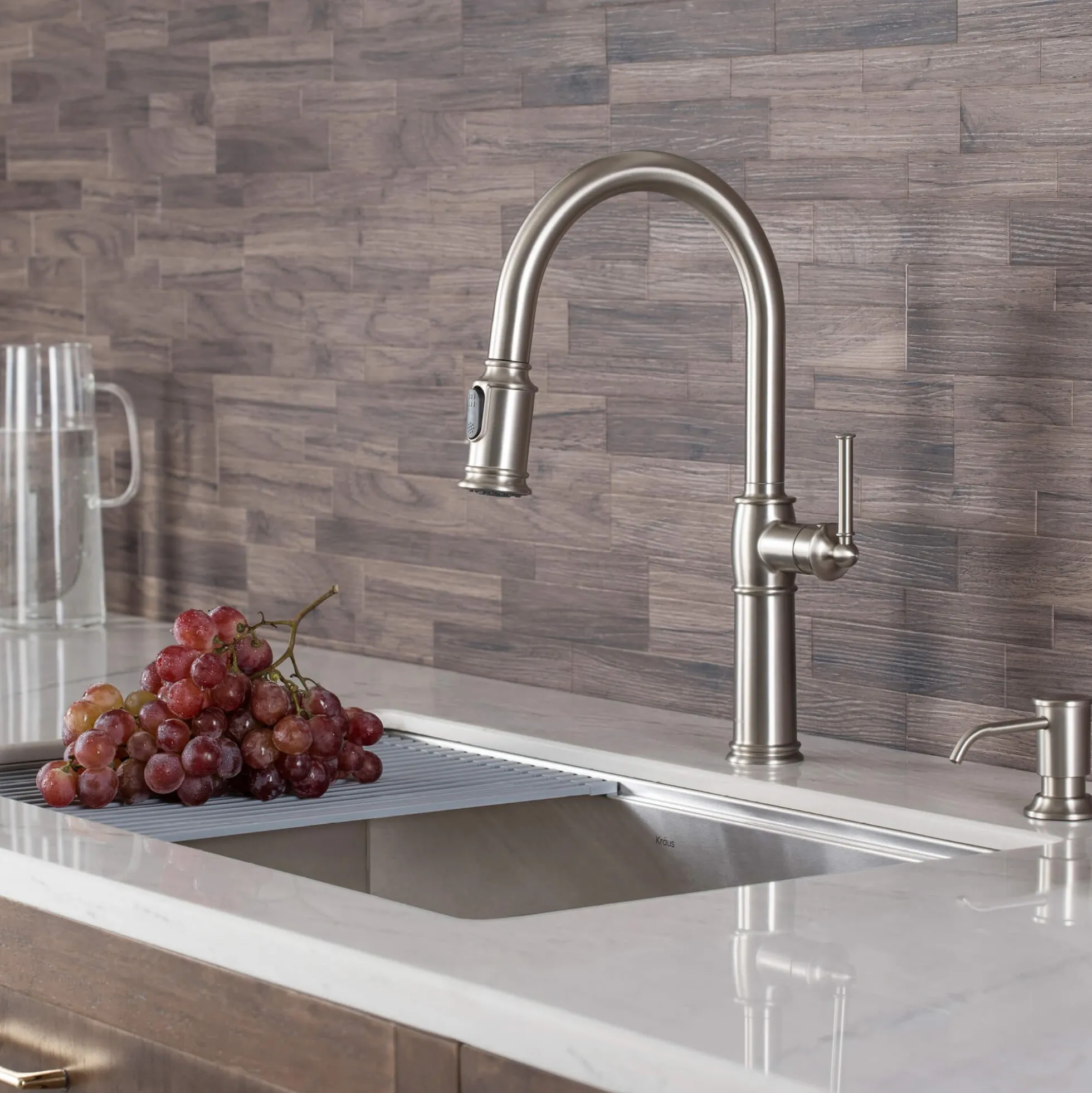 Traditional Single Handle Pull-Down Kitchen Faucet with Soap Dispenser and Deck Plate in Spot Free Stainless Steel