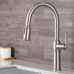 Traditional Single Handle Pull-Down Kitchen Faucet with Soap Dispenser and Deck Plate in Spot Free Stainless Steel