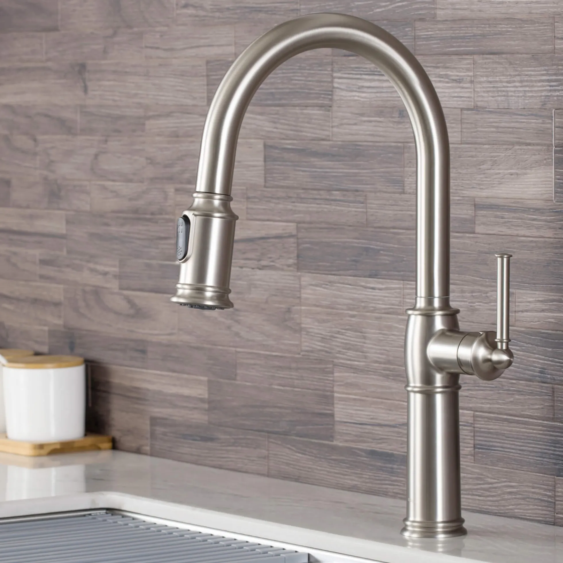 Traditional Single Handle Pull-Down Kitchen Faucet with Soap Dispenser and Deck Plate in Spot Free Stainless Steel
