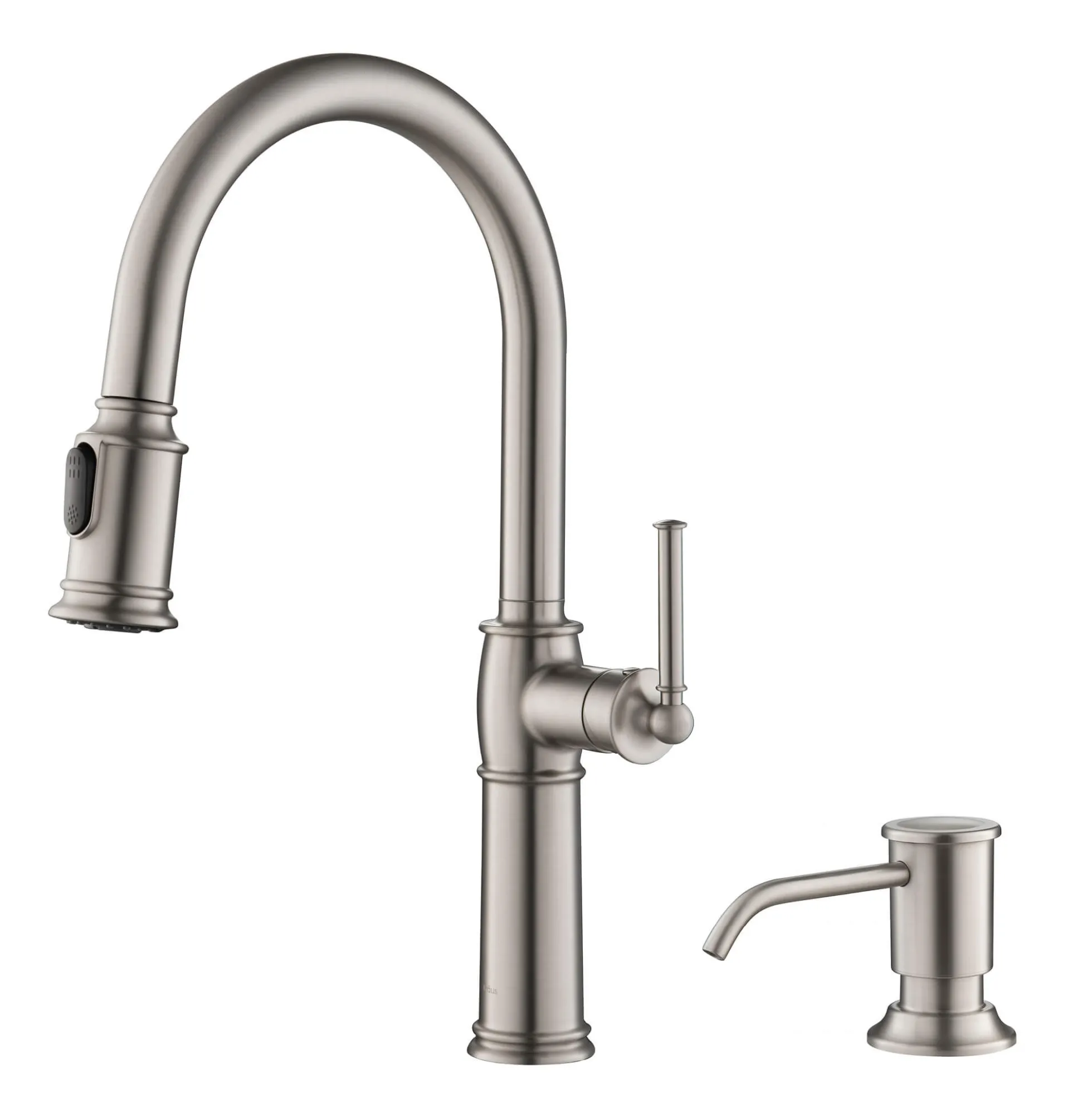 Traditional Single Handle Pull-Down Kitchen Faucet with Soap Dispenser and Deck Plate in Spot Free Stainless Steel