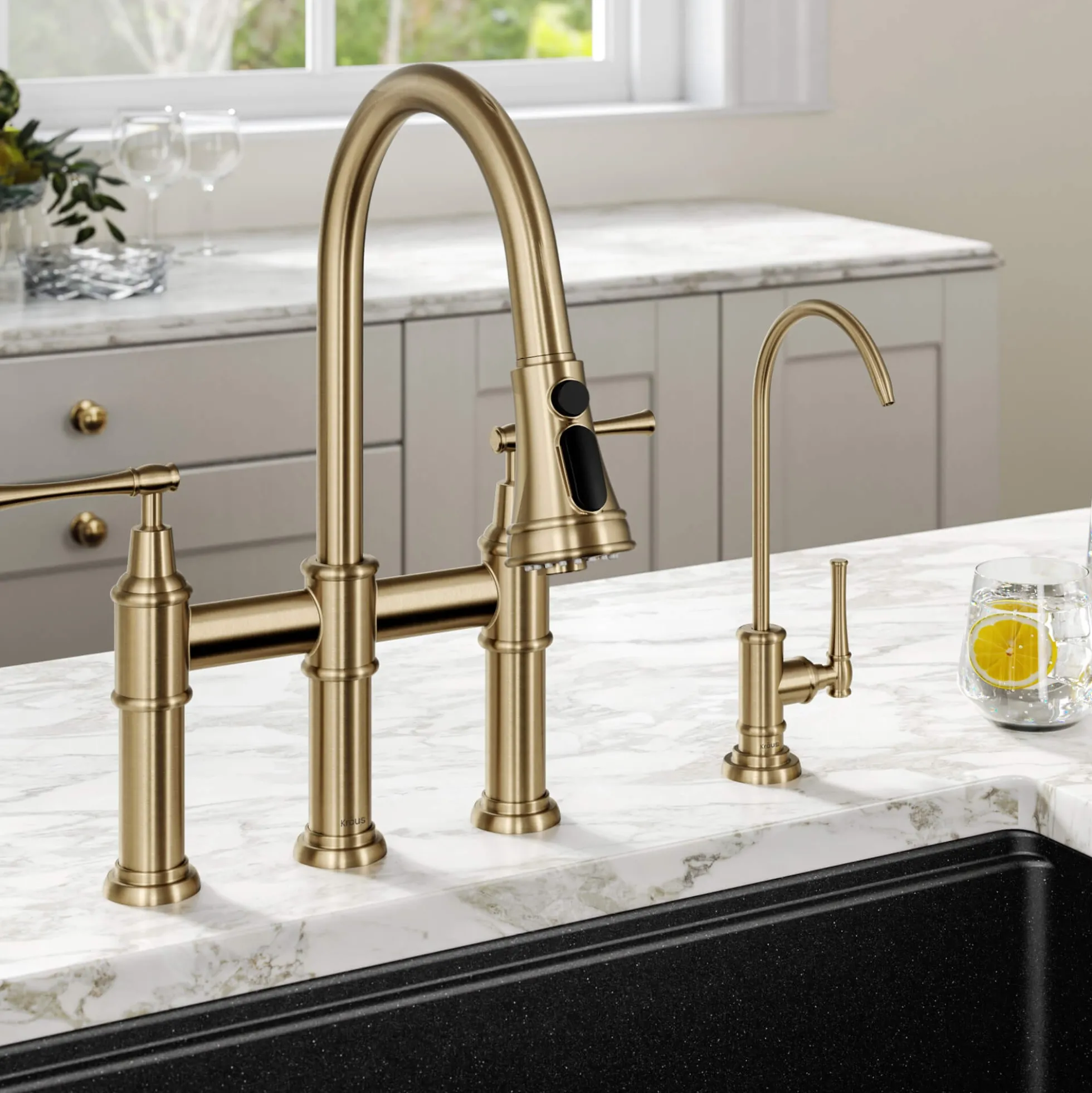 Transitional Bridge Kitchen Faucet and Water Filter Faucet Combo in Brushed Gold