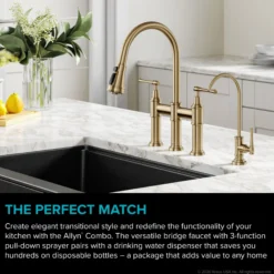 Transitional Bridge Kitchen Faucet and Water Filter Faucet Combo in Brushed Gold