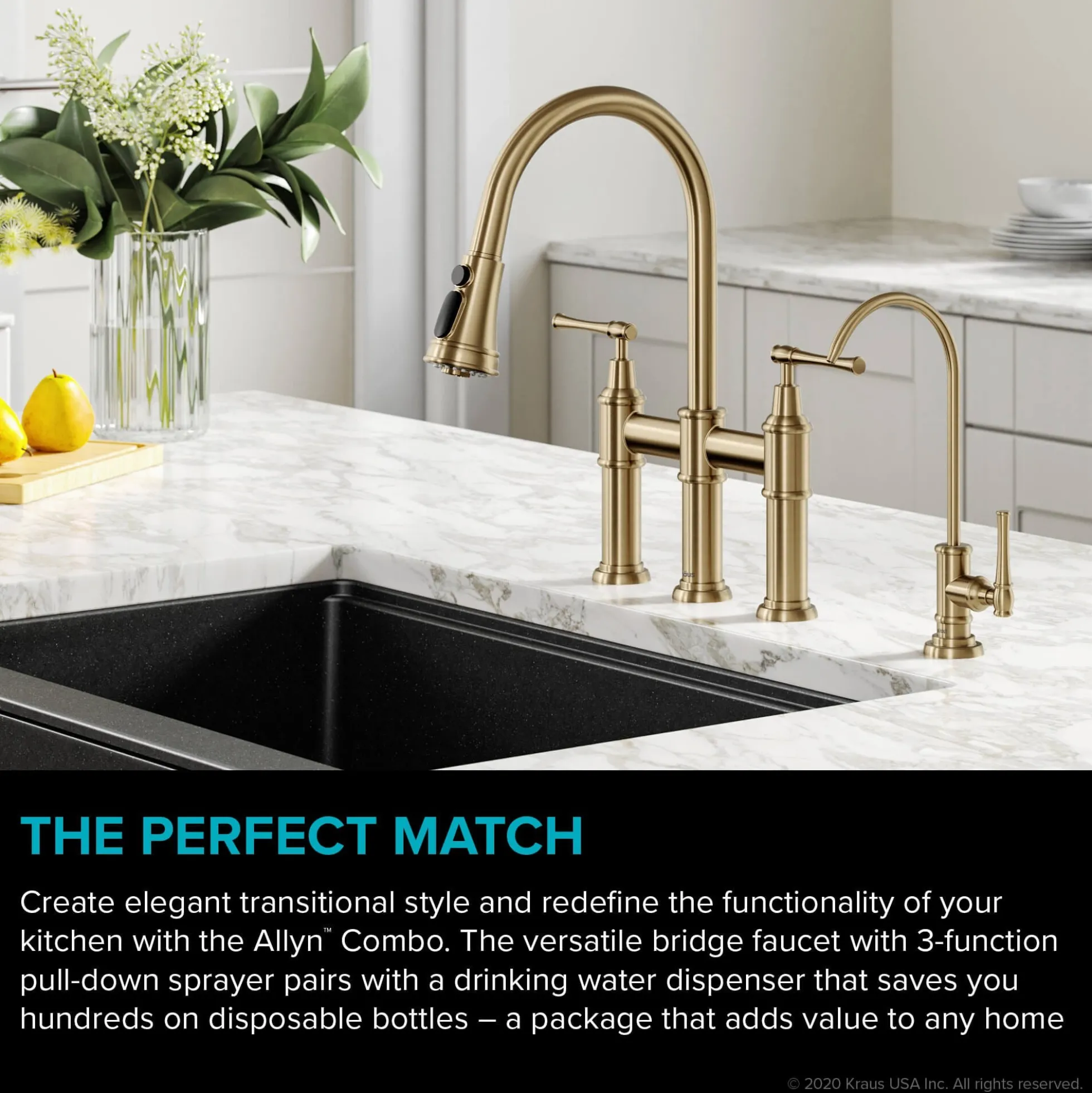 Transitional Bridge Kitchen Faucet and Water Filter Faucet Combo in Brushed Gold