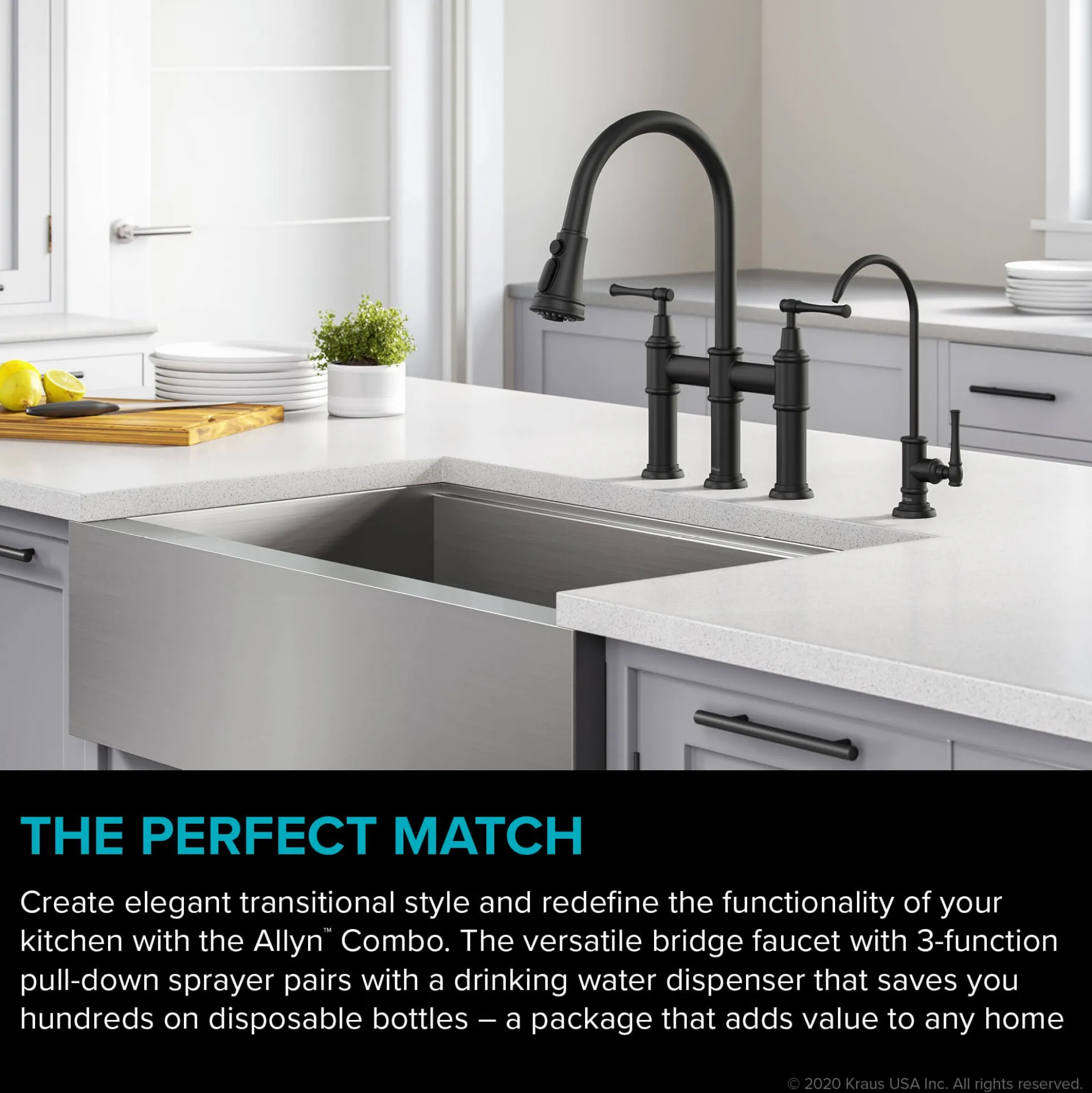 Transitional Bridge Kitchen Faucet and Water Filter Faucet Combo in Matte Black