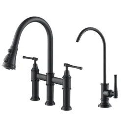 Transitional Bridge Kitchen Faucet and Water Filter Faucet Combo in Matte Black