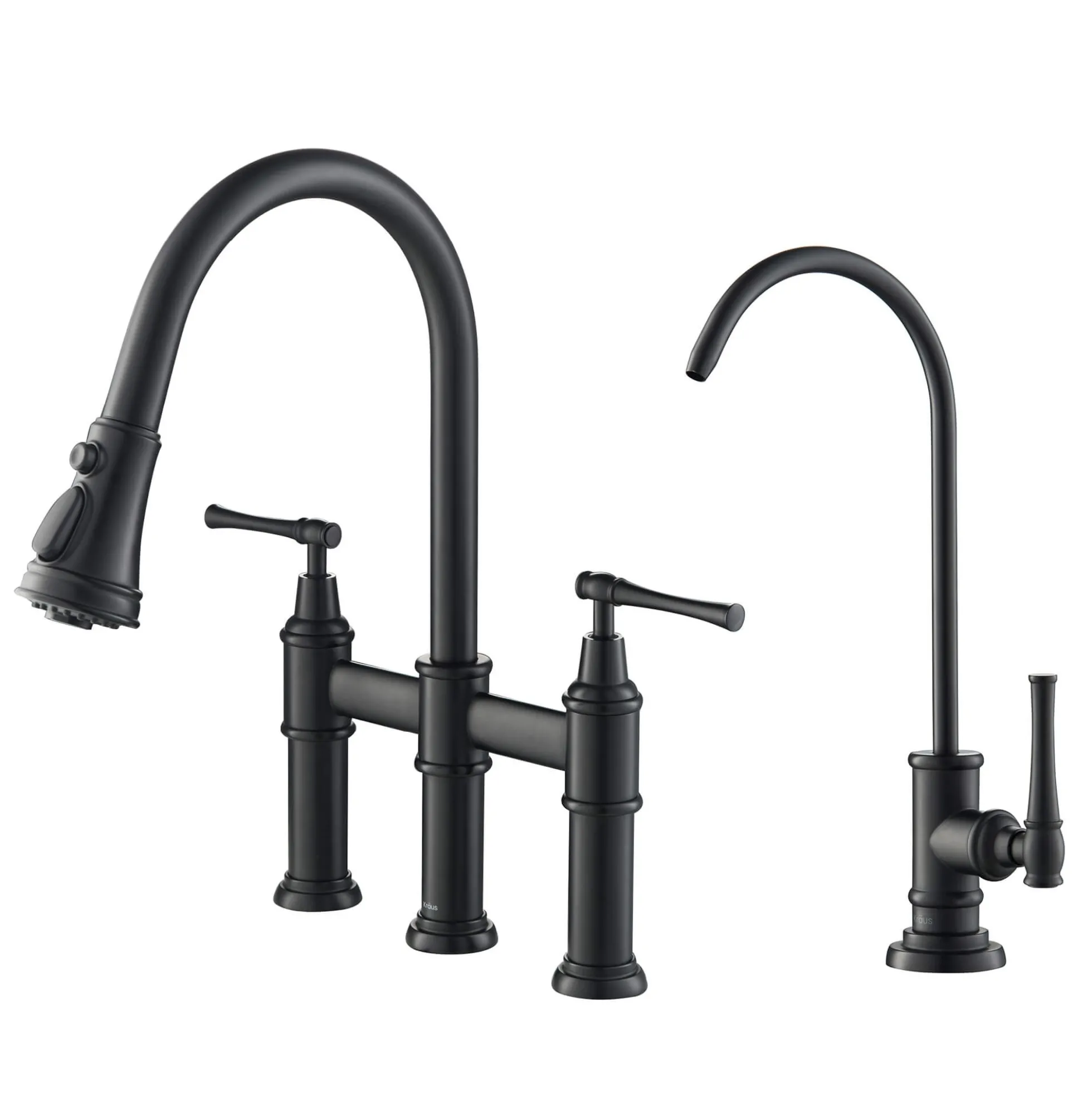 Transitional Bridge Kitchen Faucet and Water Filter Faucet Combo in Matte Black