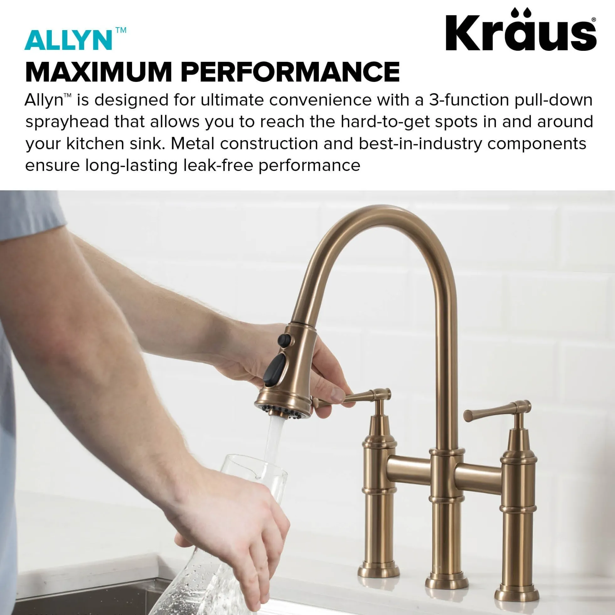 Transitional Bridge Kitchen Faucet with Pull-Down Sprayhead in Brushed Gold