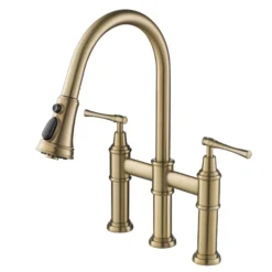 Transitional Bridge Kitchen Faucet with Pull-Down Sprayhead in Brushed Gold