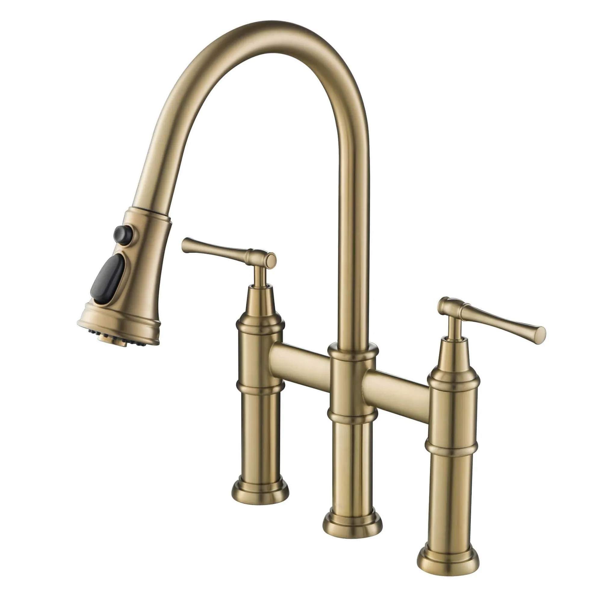 Transitional Bridge Kitchen Faucet with Pull-Down Sprayhead in Brushed Gold