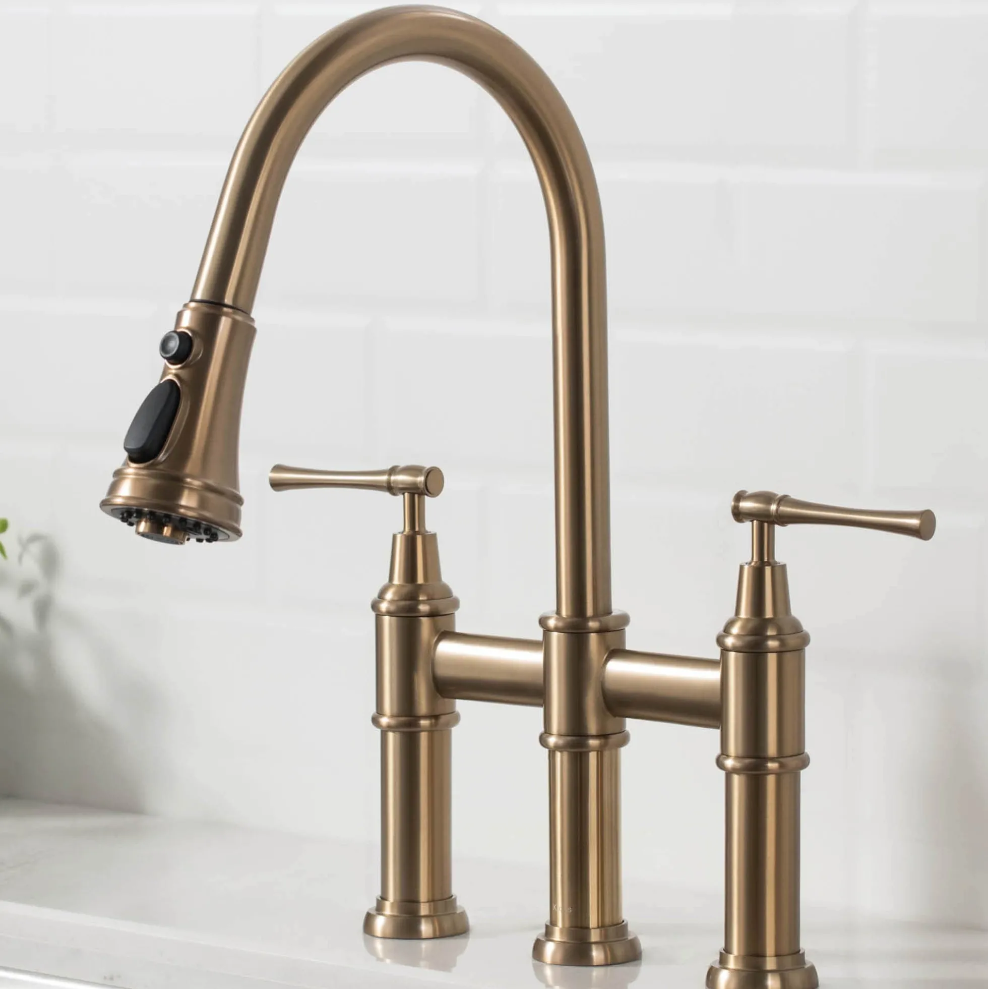 Transitional Bridge Kitchen Faucet with Pull-Down Sprayhead in Brushed Gold