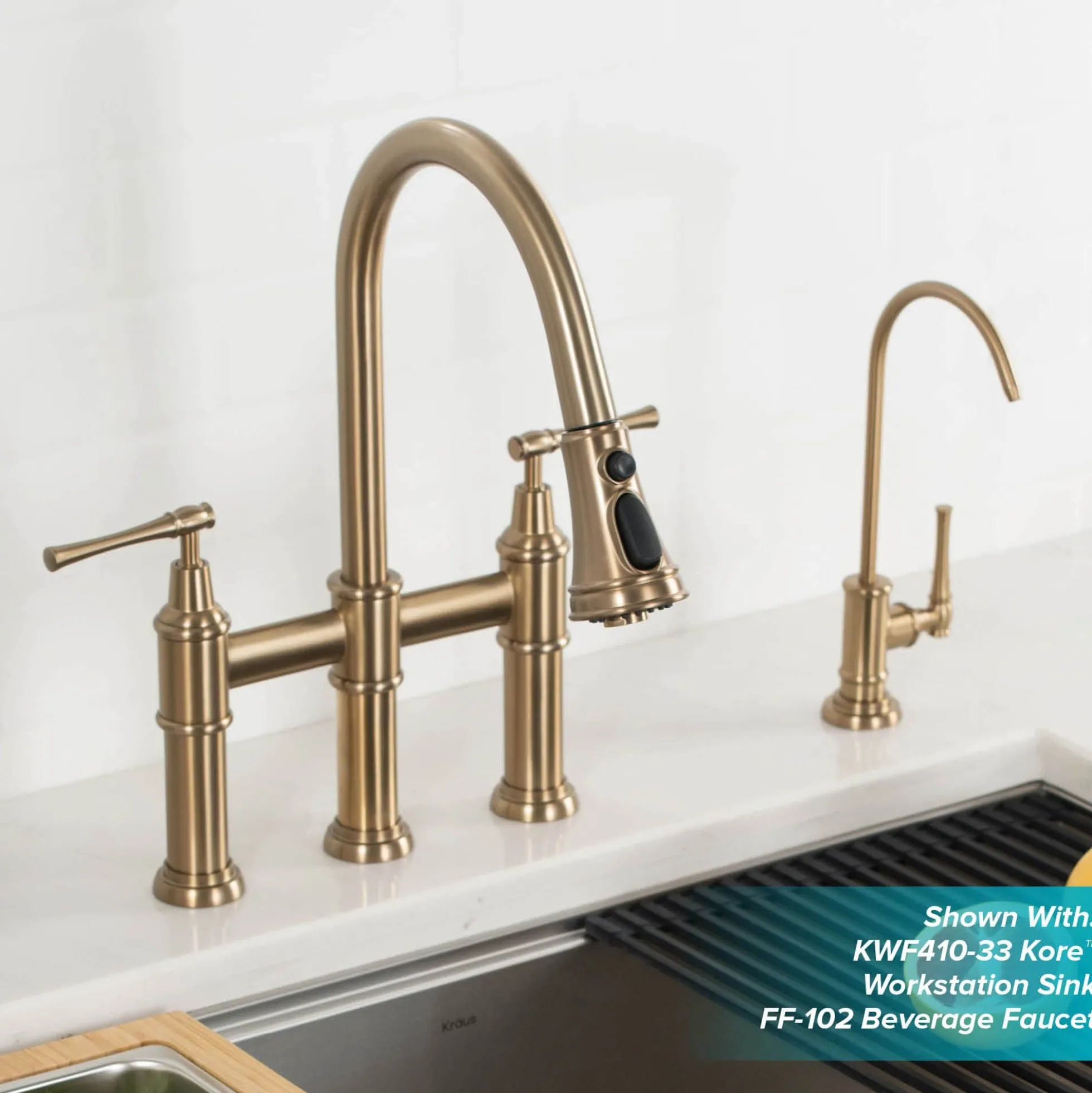 Transitional Bridge Kitchen Faucet with Pull-Down Sprayhead in Brushed Gold
