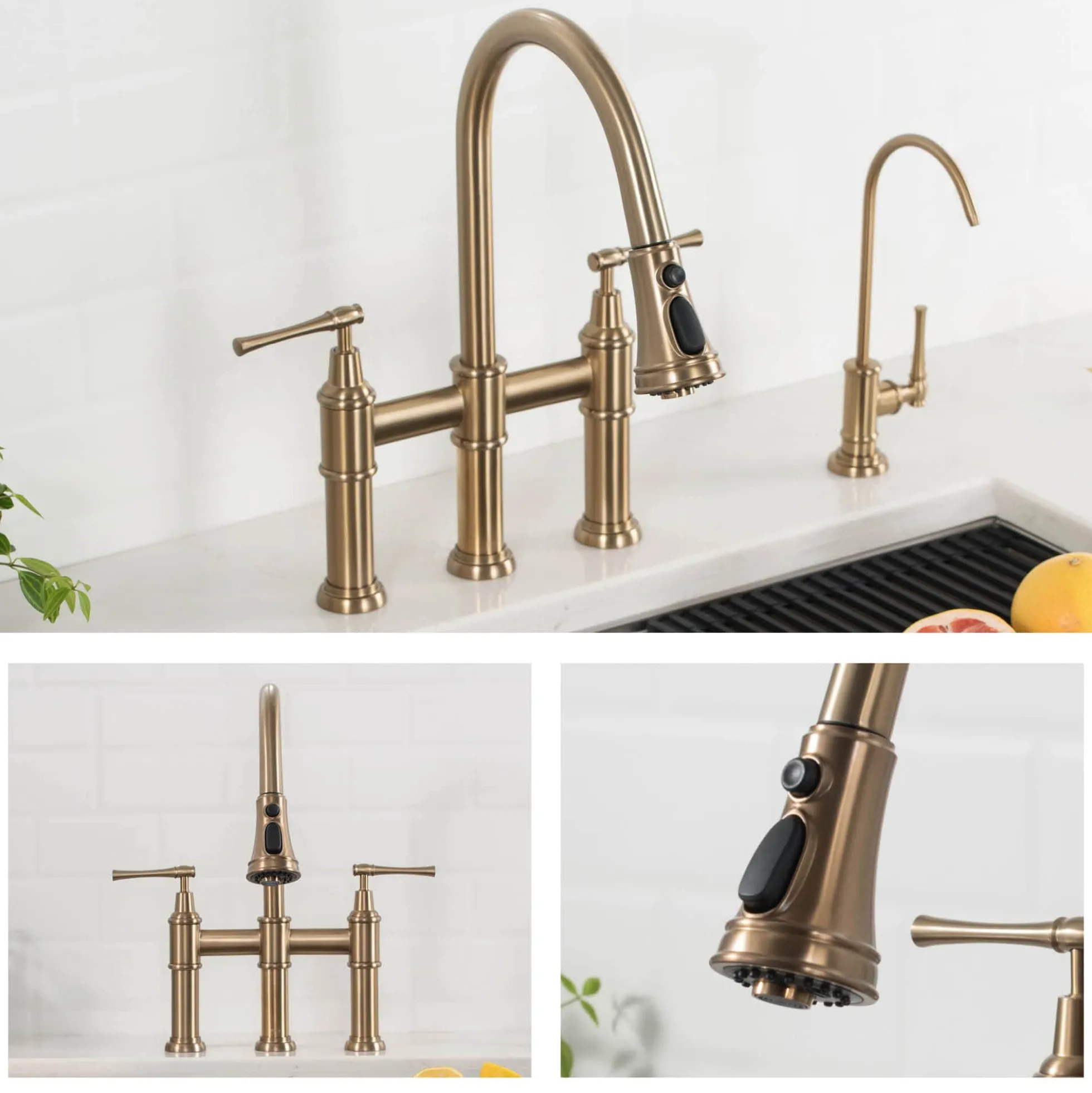Transitional Bridge Kitchen Faucet with Pull-Down Sprayhead in Brushed Gold