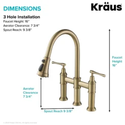 Transitional Bridge Kitchen Faucet with Pull-Down Sprayhead in Brushed Gold