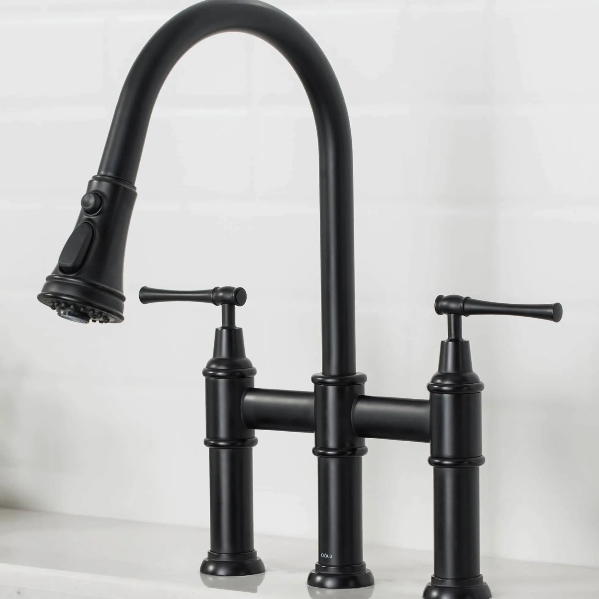 Transitional Bridge Kitchen Faucet with Pull-Down Sprayhead in Matte Black