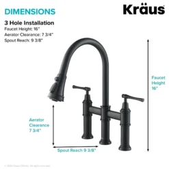 Transitional Bridge Kitchen Faucet with Pull-Down Sprayhead in Matte Black