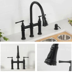 Transitional Bridge Kitchen Faucet with Pull-Down Sprayhead in Matte Black