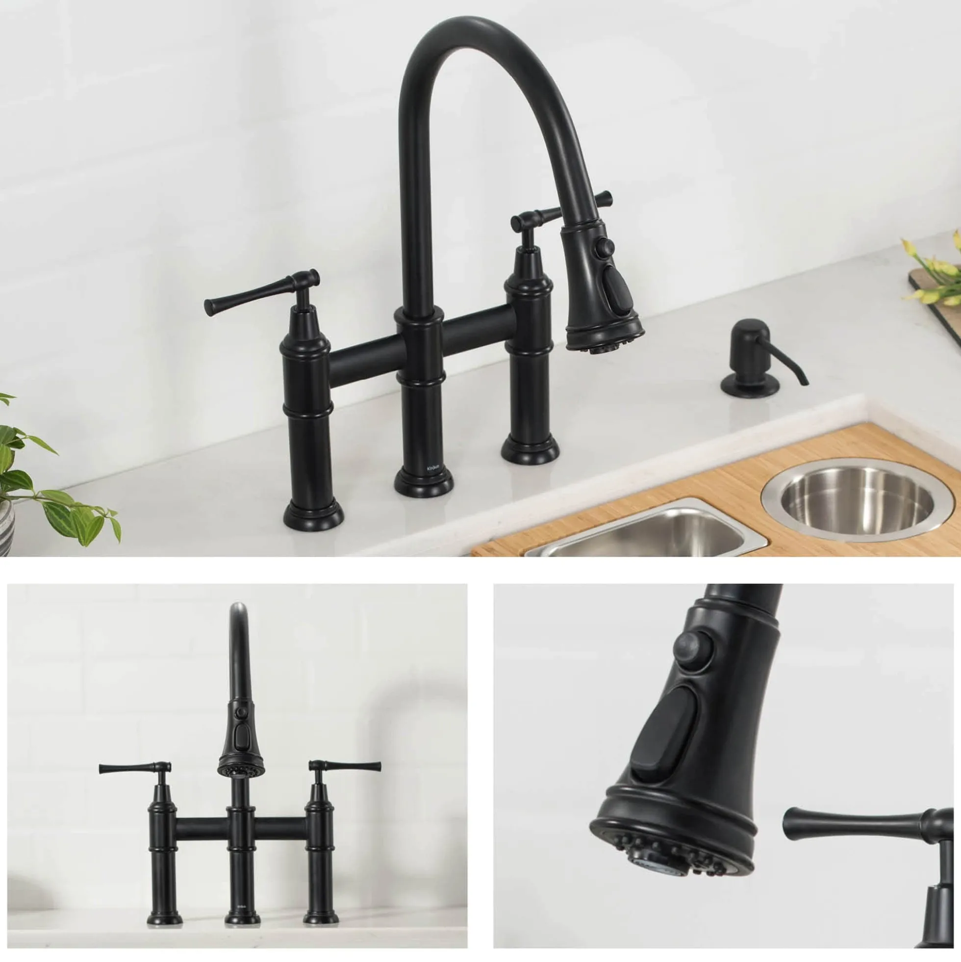 Transitional Bridge Kitchen Faucet with Pull-Down Sprayhead in Matte Black