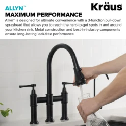 Transitional Bridge Kitchen Faucet with Pull-Down Sprayhead in Matte Black