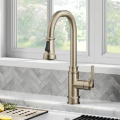 Transitional Industrial Pull-Down Single Handle Kitchen Faucet in Spot-Free Antique Champagne Bronze