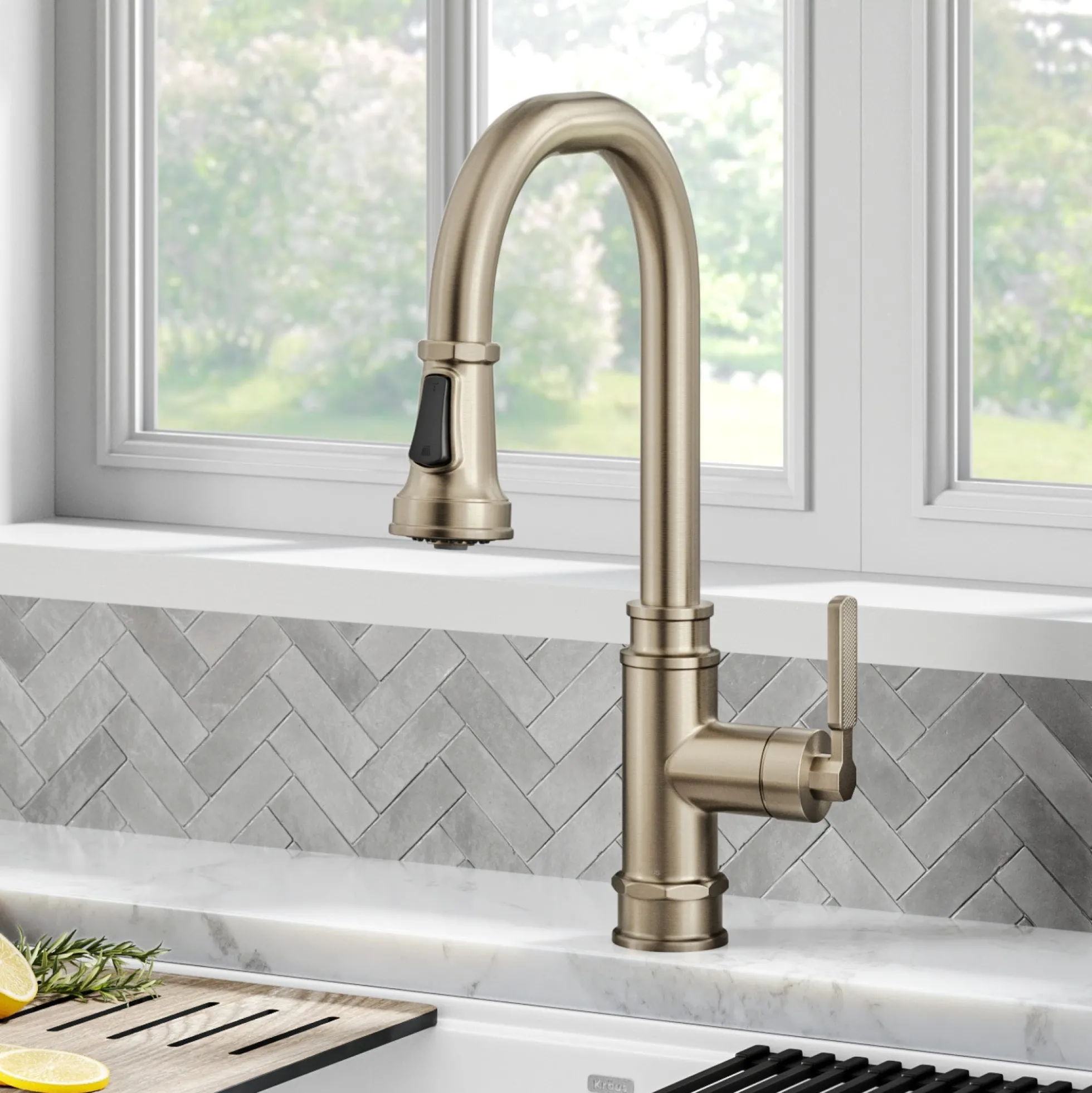 Transitional Industrial Pull-Down Single Handle Kitchen Faucet in Spot-Free Antique Champagne Bronze