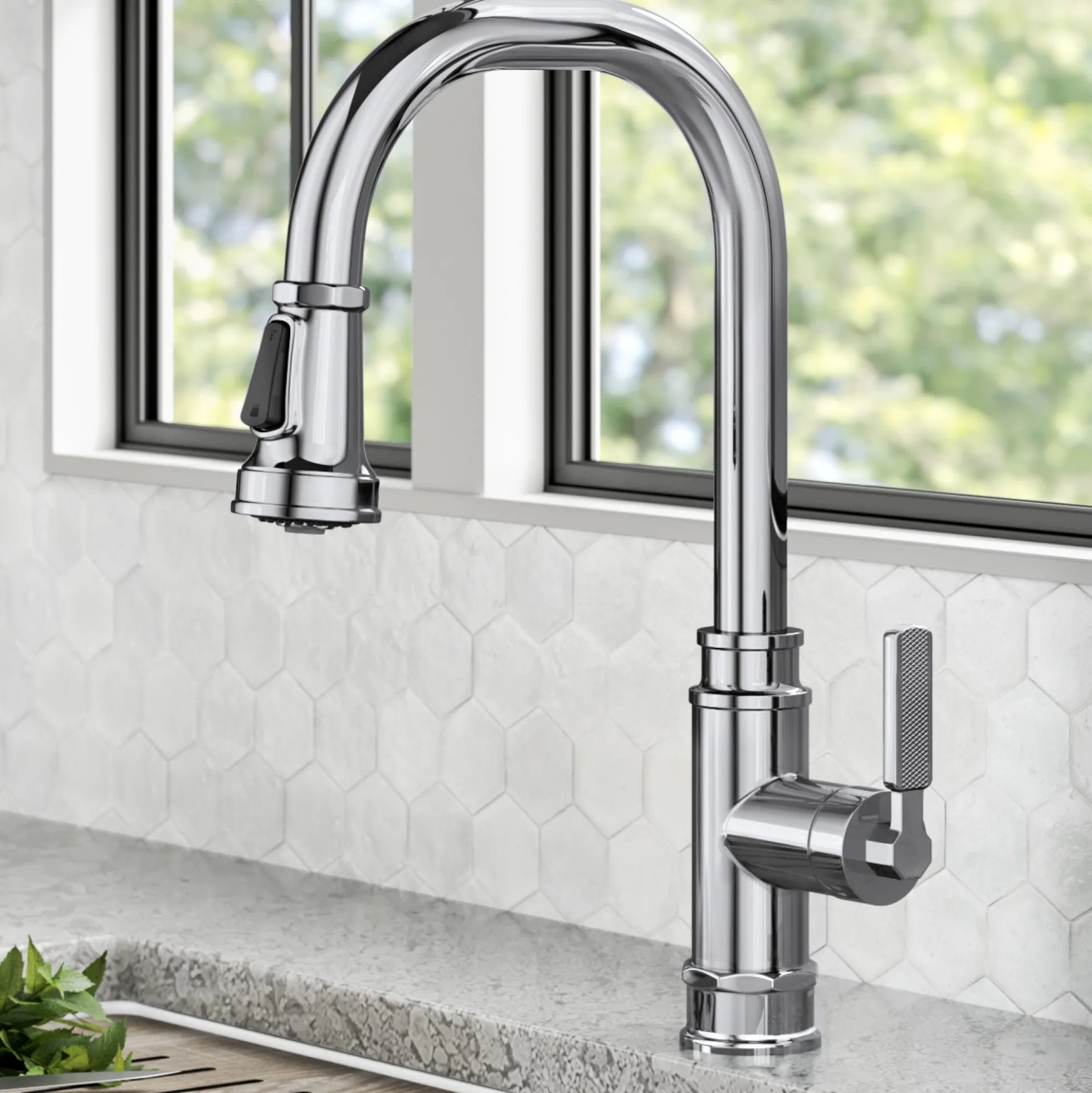 Transitional Industrial Pull-Down Single Handle Kitchen Faucet in Chrome