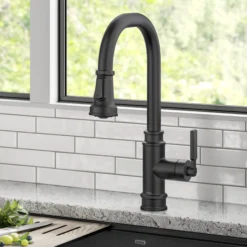 Transitional Industrial Pull-Down Single Handle Kitchen Faucet in Matte Black