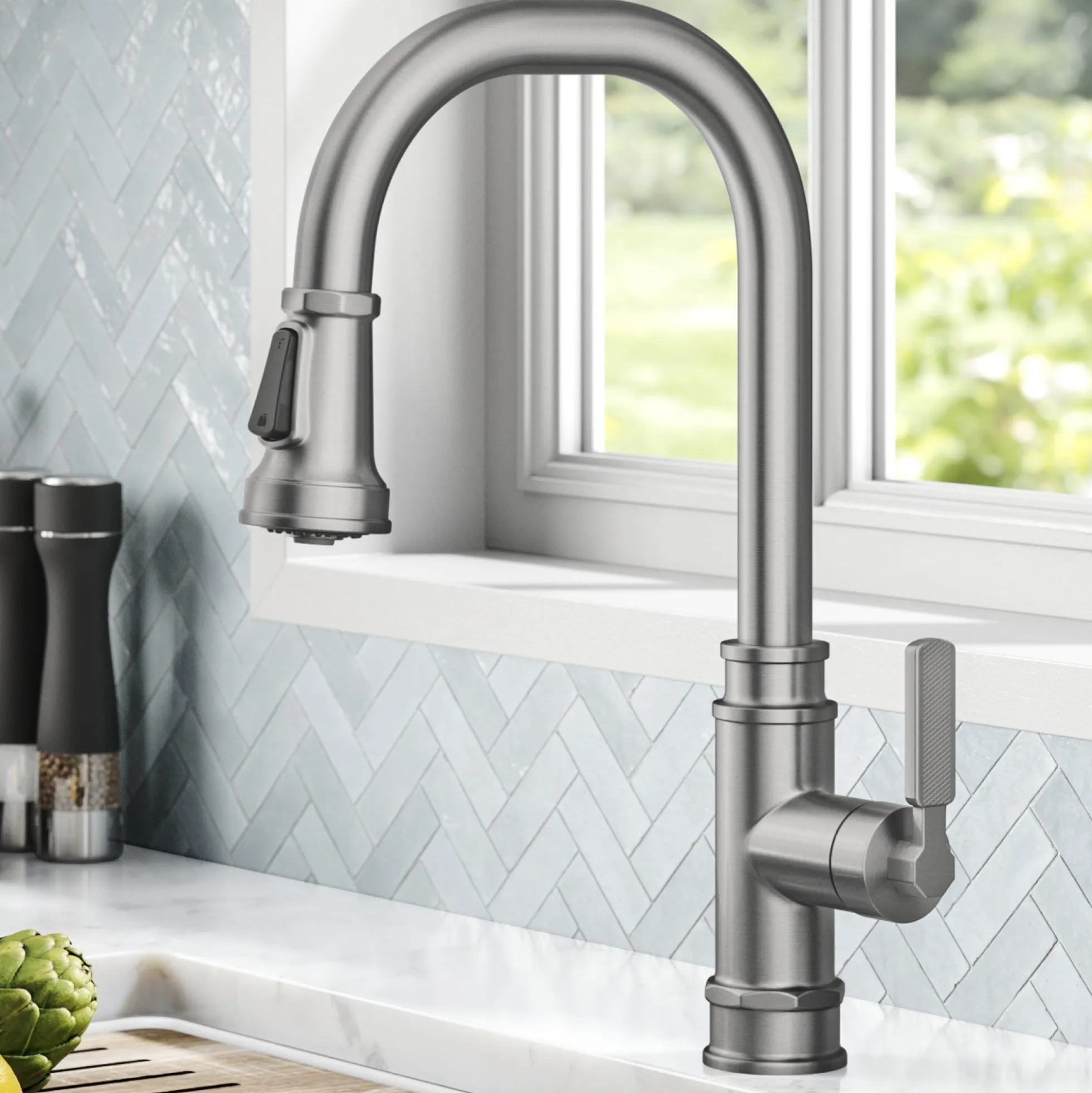 Transitional Industrial Pull-Down Single Handle Kitchen Faucet in Spot-Free Stainless Steel
