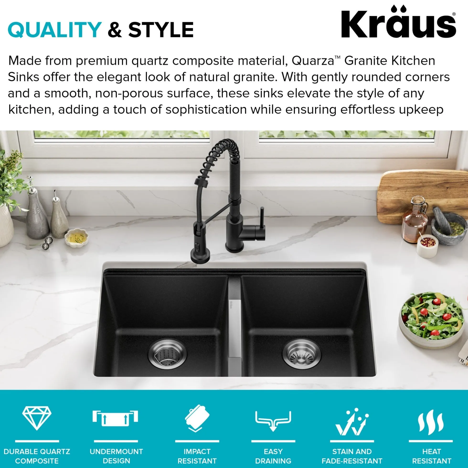 33” Undermount 50/50 Double Bowl Granite Kitchen Sink in Black Onyx