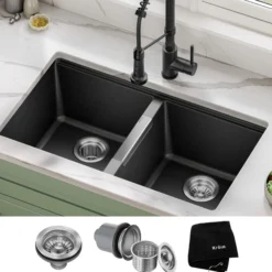 33” Undermount 50/50 Double Bowl Granite Kitchen Sink in Black Onyx