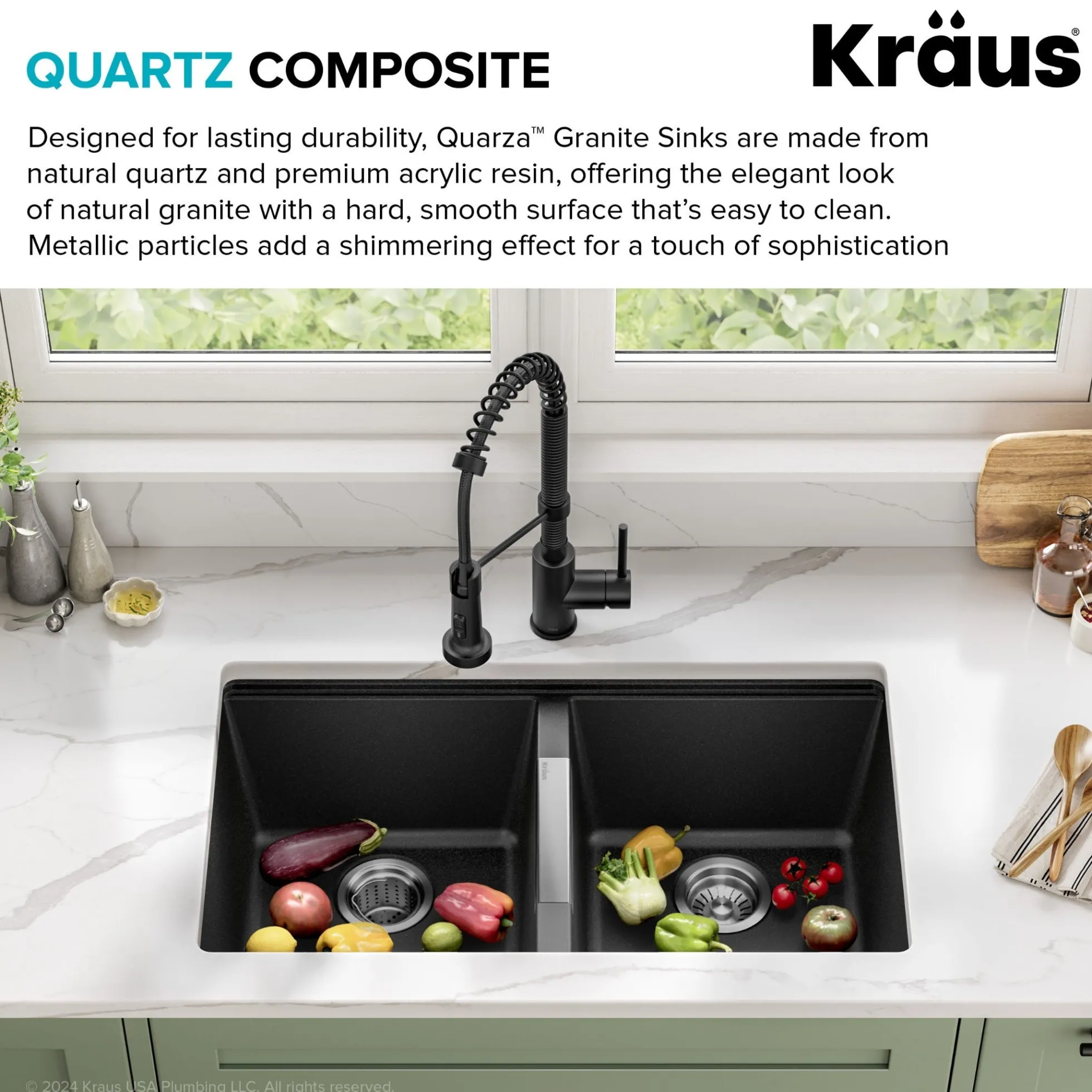 33” Undermount 50/50 Double Bowl Granite Kitchen Sink in Black Onyx