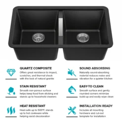 33” Undermount 50/50 Double Bowl Granite Kitchen Sink in Black Onyx